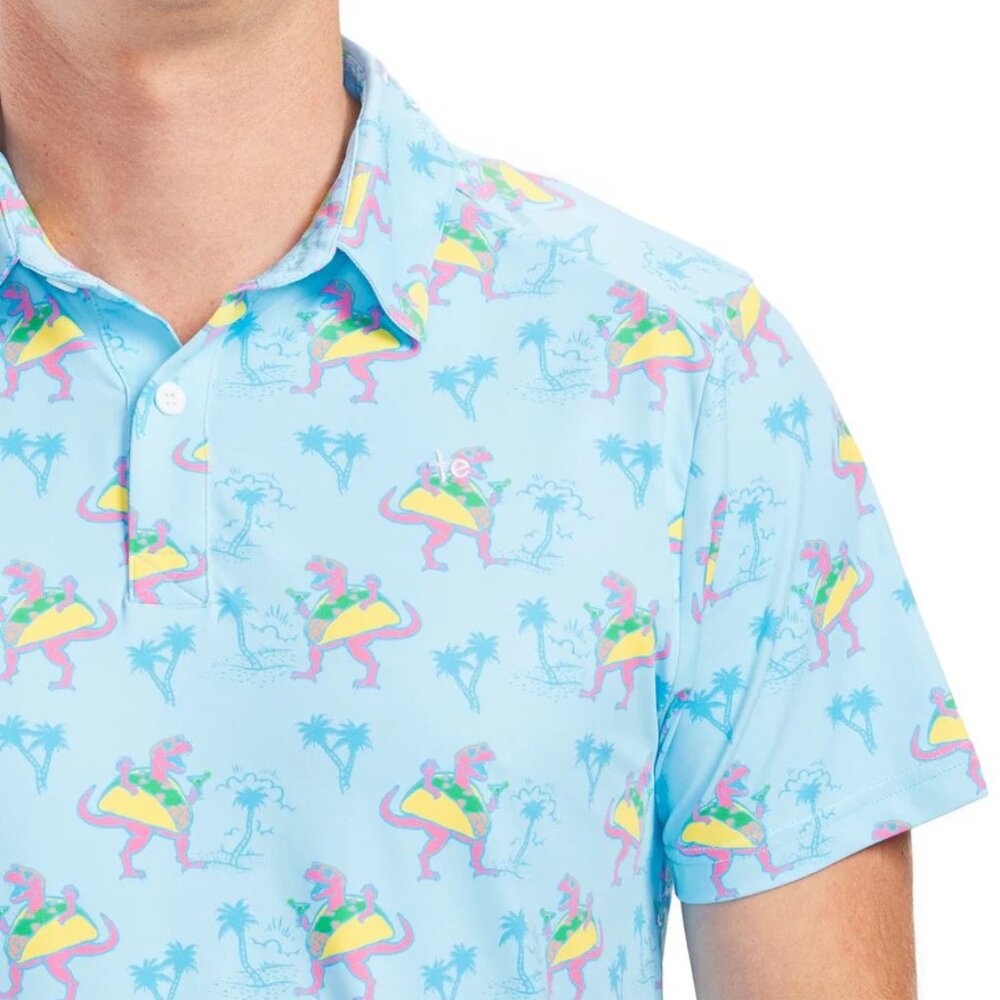 Tipsy Elves‎ Mens T-Rex Taco Tacosaurus Margarita Short Sleeve Blue Polo Shirt